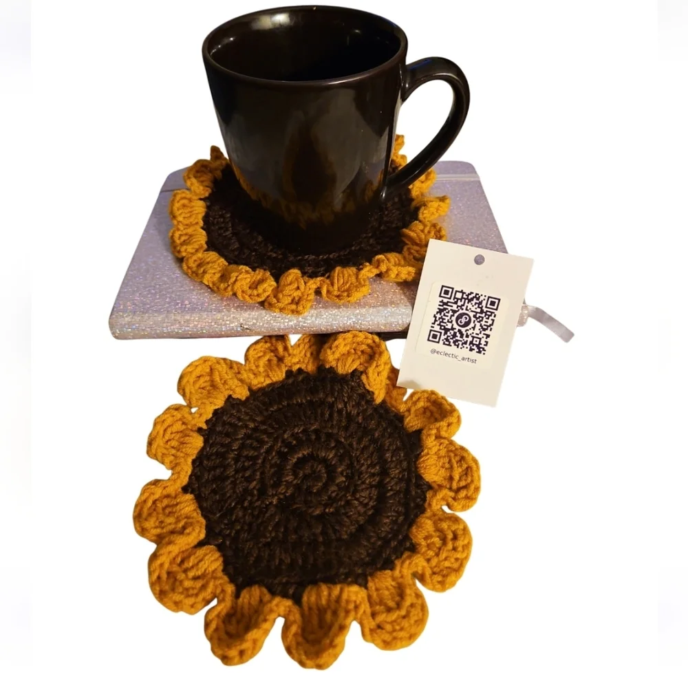 Hand Crafted Floral Coaster 2pc Set Sunflower Mug Rug Home Decor Faux Flower Mat